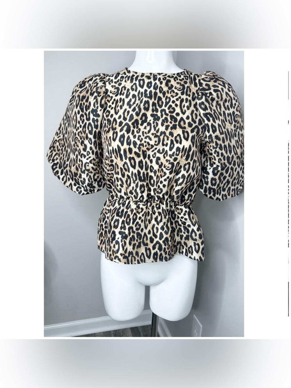 H&M Leopard Print Puff-Sleeve Peplum Top - Beige Black- XS - Picture 6 of 7